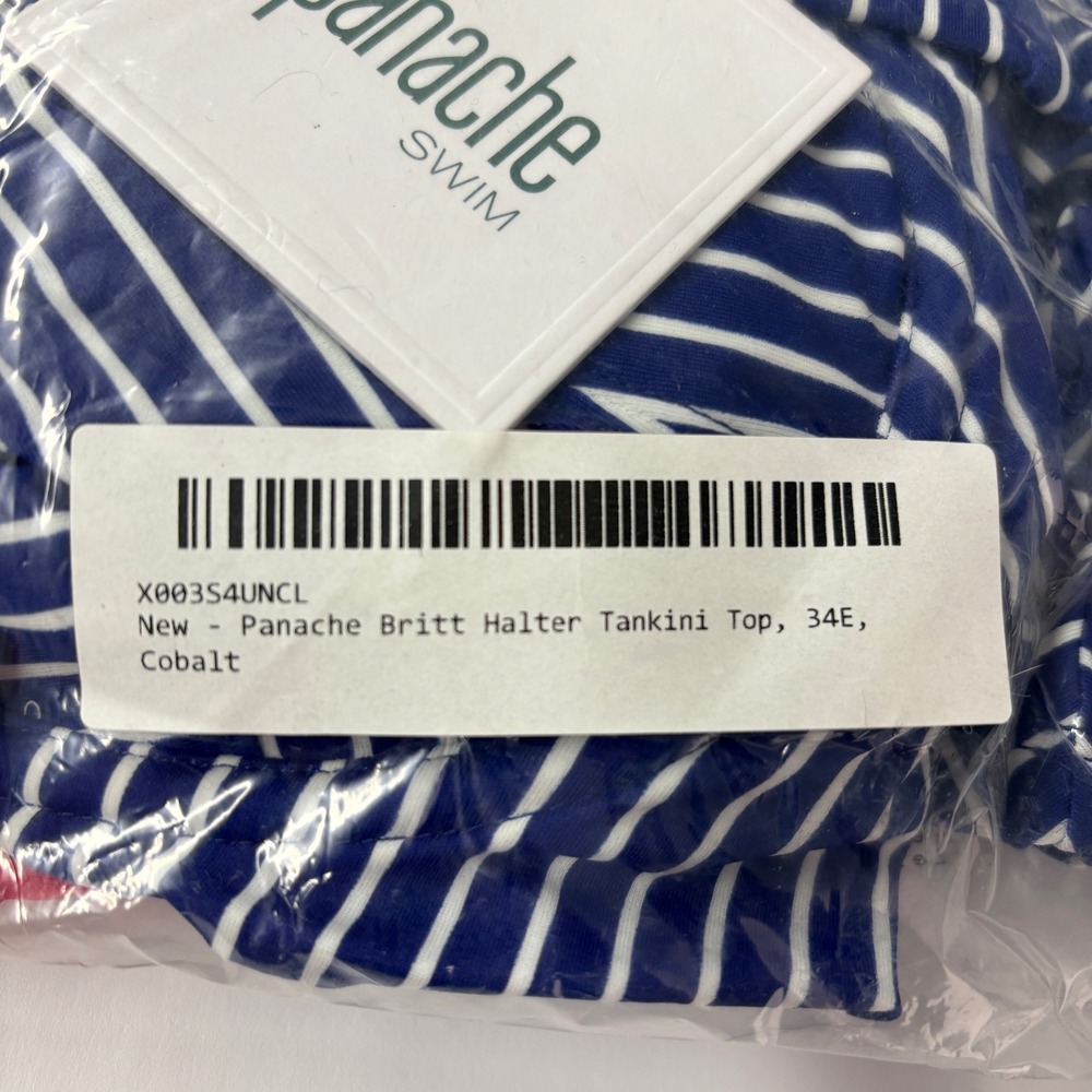 NWT Panache Women Tankini 34E Blue Britt Stripe Halter Underwire SW0921 Swim